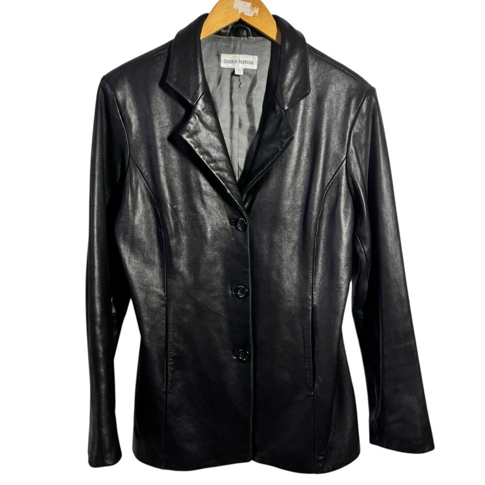 Boston Harbour Leather Jacket Women L Black Quite Luxury‎ Old Money Minimal 90s